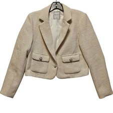 MOTF Ivory Cropped Tweed Blazer Pearl Button Flap Pockets Size S NWT