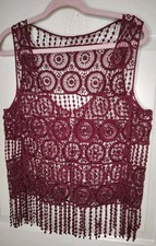 Unbranded Maroon Crochet/Lace/Fringe Vest Hook Closure Boho/Western
