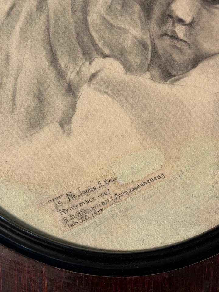 1917 Primera Guerra Mundial Carbón “Madre e Hijo” - Firmado R.S. Inscripción de Alexanian, Dardanelos Foto 4 de 4