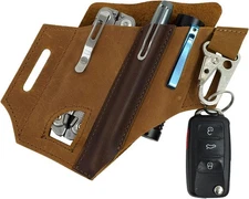 Leather EDC Multitool Sheath for Belt with Pen & Flashlight Holder (Brown)