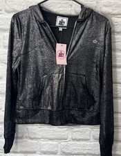 Juicy By Juicy Couture Hoodie Black  Silver Shiny Velour Size Small Y2K