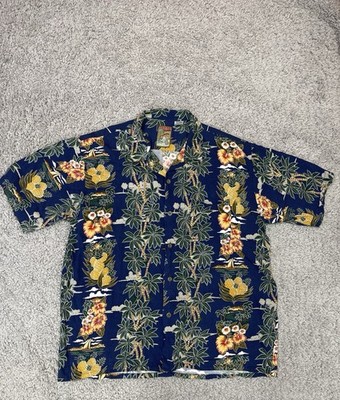 Pineapple Connection Hawaiian Shirt Large Blue Vtg Palm Floral Rayon Tropical