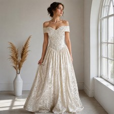 Vintage Jessica McClintock Ivory Brocade Beaded Bridal Gown Off Shoulder S/M