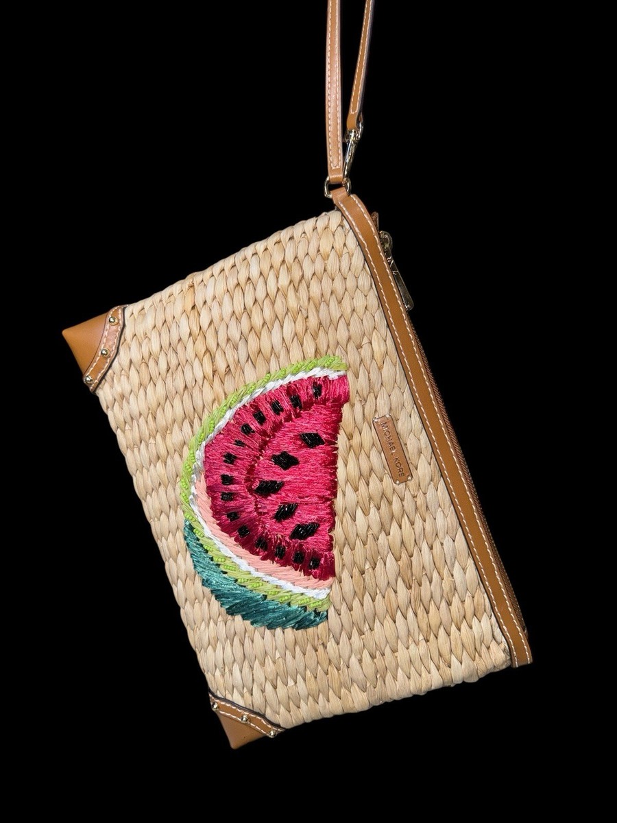 MICHAEL KORS MALIBU STRAW WATERMELON XL CLUTCH ZIP WRISTLET-$148+