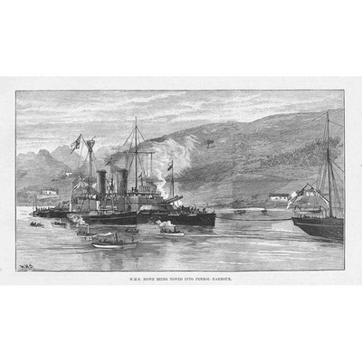 HMS HOWE wird in den Hafen von Ferrol geschleppt - antiker Druck 1893