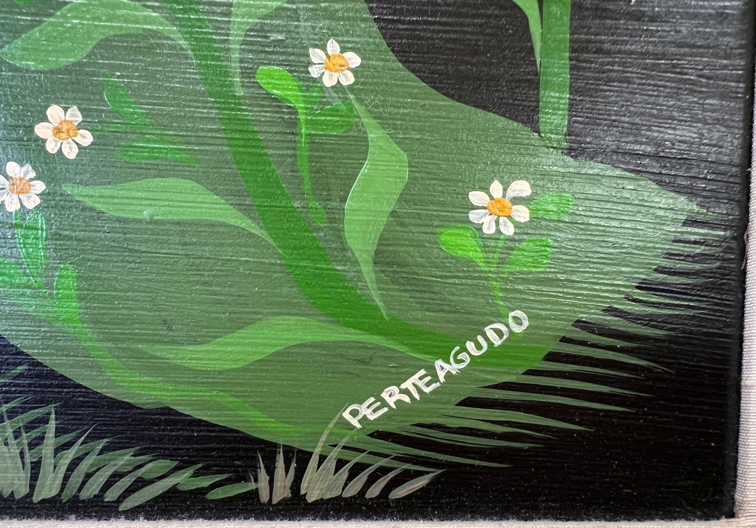 Carlos Perteagudo “Three Figures and Sunflowers” Signed Oil on Board Folk Naïve