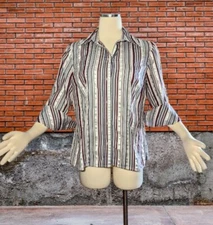 GITANO Burgundy Gray SILVER Striped Button Up Shirt RETRO 3/4 Sleeves Size Large