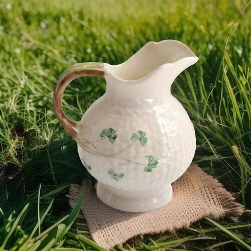 "Belleek brocca crema crema porcellana Irlanda cesto trifoglio tessitura timbro oro 4" - Foto 3 di 10