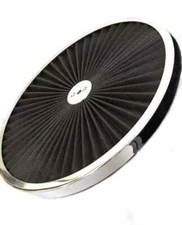 14" Round Black Washable Flow Through Air Cleaner Top w Chrome Trim Ring Hot Rod