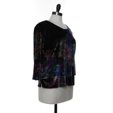 American Glamour Womens M Shirt Top Pull Over Scoop Neck Floral Black Casual