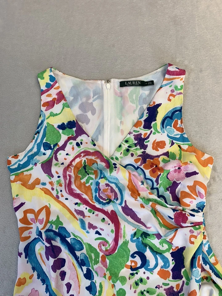 Ralph Lauren Sleeveless Dress sz 4 Paisely Cross Over V-Neck Wrap Skirt Lined - Image 4 of 4