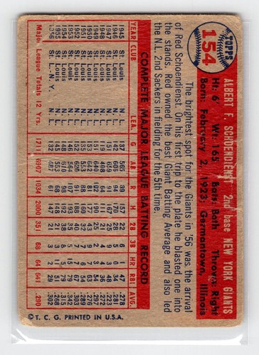 1957 Topps #154 Red Schoendienst LOW GRADE (filler) HOF - Bild 2 von 2