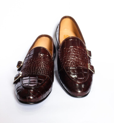 Handmade Men Brown Alligator textured leather double monk shoes, crocodile shoes