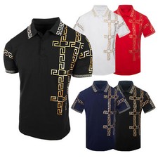 Mens Polo Shirt Designer Gold Italian Side Stripes Foil Slim Fit Golf Stretch