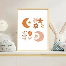 Digital Boho Moon & Flowers Nursery Wall Art-Printable Kids Room Decor