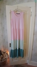 Lands' End Women's Tiered Maxi Dress Pink Green Colorblock Tencel Pre-own M