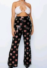 Nasty Gal Heart Sequin Flare Pants 16 Wide Leg High Waist Festival Rave Outfit