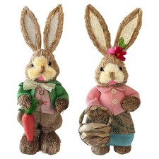2 Pack Easter Standing Bunny Couple Figurines 14" Handmade Straw Bunny Figuri...