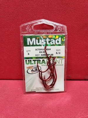 Mustad ''Ultra Point'' 6-Pack Octopus Beak Big Red Hook Size 5/0 NEW OS #92553NPRB