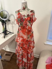 Boohoo Orange White Green Floral V-Neck Strappy Layered Ruffle Maxi Dress 6