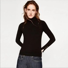 Zara Turtleneck High Neck Black Knit Sweater Gold Button Cuff 8851/123 XXL