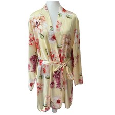 Jones New York Robe Silky Satiny Robe Yellow FLORAL Print Womens MEDIUM Pockets