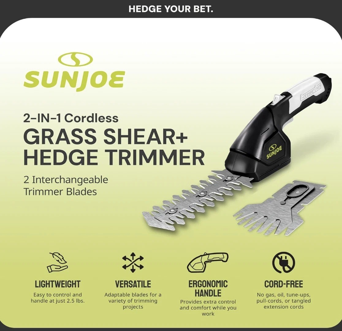 Sun Joe HJ604C Cordless Grass Shear/Shrubber Handheld Trimmer 7.2V (Refurbished)