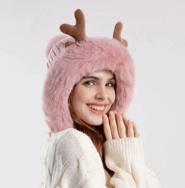 Chapéu de malha feminino inverno com chifres de pelúcia gorro grosso capa de orelha boné de chifre de veado - Imagem 4 de 4