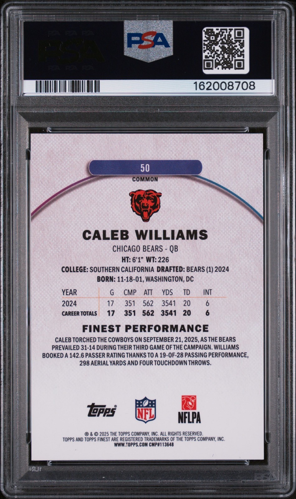 Caleb Williams Topps 2025 Finest #50 Bears Orange Geometric /25 PSA 10 POP  1 view 2