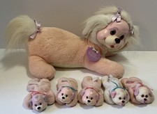 VINTAGE 1991 HASBRO PUPPY SURPRISE PLUSH PINK MOM DOG W/ 5 PUPPIES PURPLE COLLAR