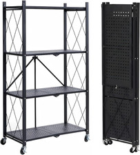 4 Tier Foldable Storage Shelf, Large Capacity Metal Shelf Rack, Rolling Bookshel