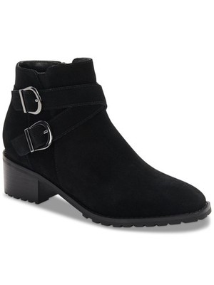 AQUA COLLEGE Womens Black Buckled Strap Sela Almond Toe Block Heel Booties 6.5 M