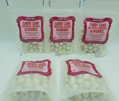 5 Bags Trader Joe's Candy Cane Chocolate Covered Almonds 8 oz Each