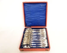 12 Sterling Silver Coffee Spoons Minerve Pearls 207Gr Box 19th Century