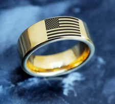 Gold Unisex Tungsten American Flag Patriotic Jewelry Wedding Ring Band - 8mm