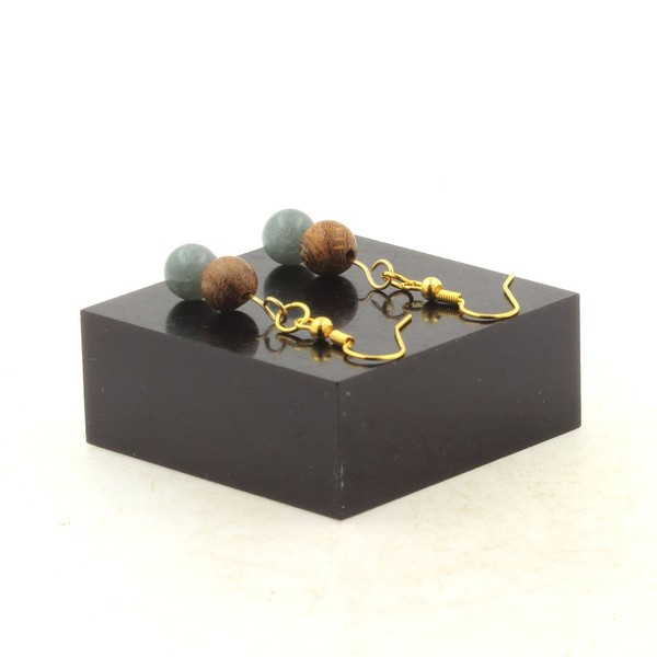 Ohrringe 2 Perlen Jade + Holz 8 Mm Aus Edelstahl Golden-image