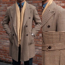 Men Overcoats Houndstooth Tweed Wool Blend Jacket Double Breasted Coats Outwear