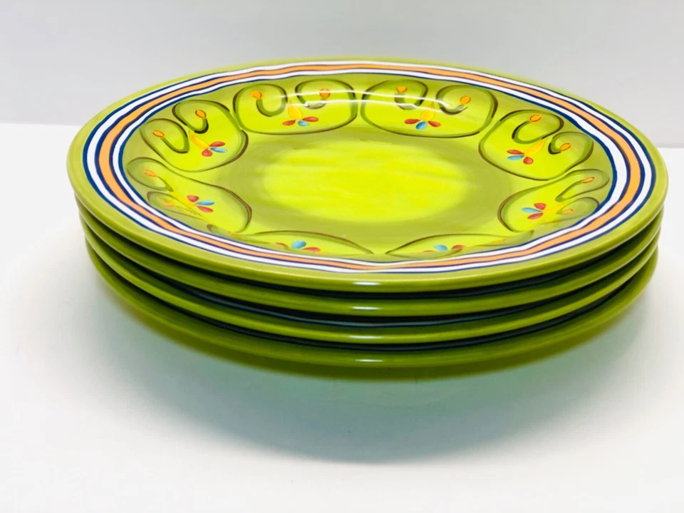 Set Of 4 - Laurie Gates Ceramic Green Floral 12” Dinner Plates - Image 2 of 4