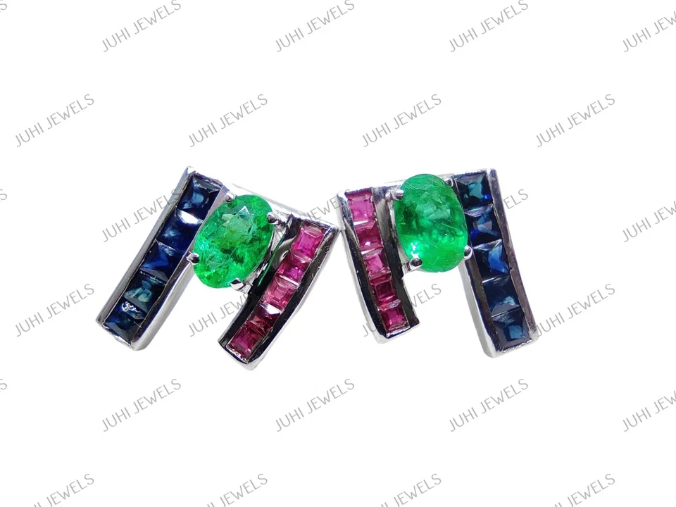 Natürlicher Smaragd Ohrstecker Hochwertig Smaragd Saphir Rubin Ohrringe Multi - Bild 2 von 4