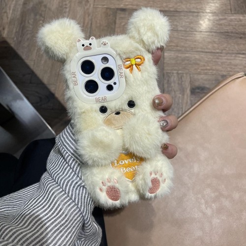 Warm Fluffy Plush 3D Bear Case For iPhone Samsung Girl Cute Cartoon Phone Cover - Picture 18 of 19