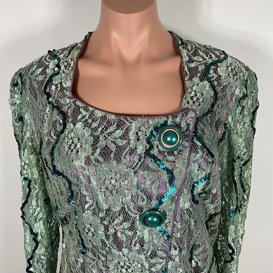 VTG GALLERIA Sequin Evening Blazer Jacket Lace Plus 15/16 Vintage Floral Beaded - Image 4 of 4