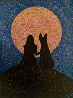 ACEO *Print* of Original Art Girl & Big Dog Night Pink Moon Starry Sky - Saulite