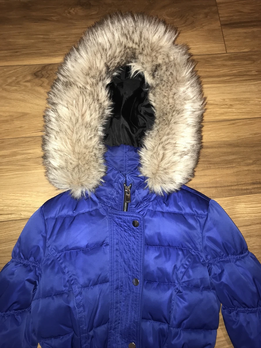 Ladies Size 10 River Island Blue Belted Puffer Jacket Coat Faux Fur Hood