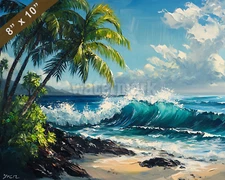 Maui with palm trees and waves oil painting 8x10 Print