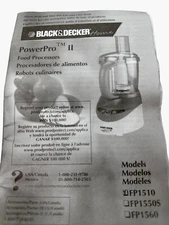 Black & Decker Power Pro ll Food Processor Instructions Manual Only FP1510