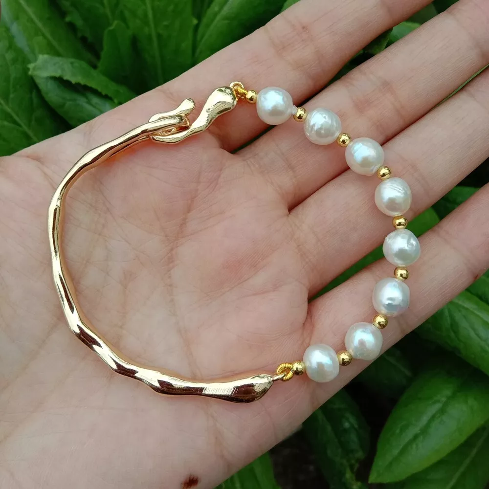 14K Gold White Freshwater Pearl Beaded Bangle Mae Bracelet - Pure Pearls