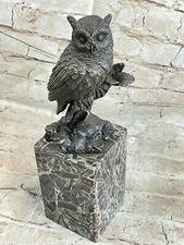 SUPERB ART DECO OWL, BRONZE STATUE MILO MARBLE BASE SCULPTURE HOTCAST FIGURINE