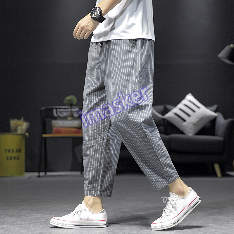 Chinese Style Striped Cotton Linen Men's Pants Loose Cropped Retro Harem Casual