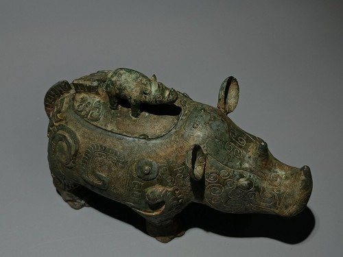9.1" Old Antique Shang dynasty bronze ware Beast face pattern rhinoceros Zun pot - Picture 8 of 9