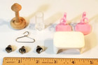 DOLLHOUSE MISC. LOT: 3 bells, clothes hanger, stool, vase, 2 doll stands, "lamp" — photo 1